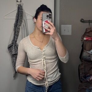 Hollister Ribbed Henley Top Empire Waist Tie Oatmeal Gray 3/4 Sleeve